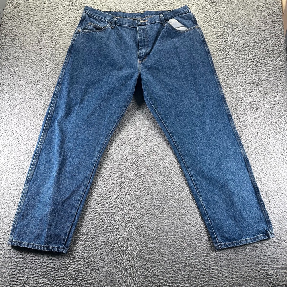 Rustler Jeans Men's 38x28 Blue Cotton Denim Straight Leg Utility Workwear Travel